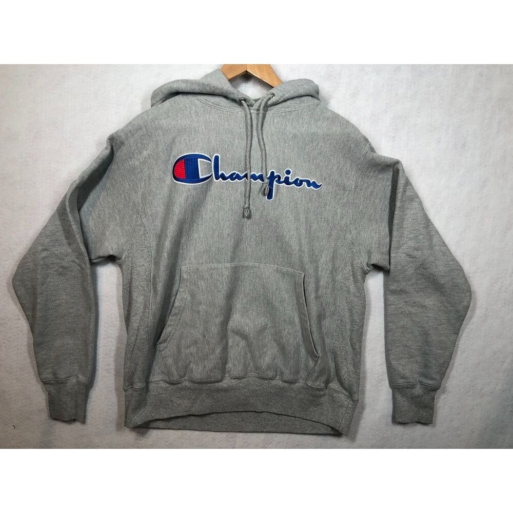 Champion Reverse Weave Hooded Logo Sweatshirt Heather Gray Gf68 Men's Medium M